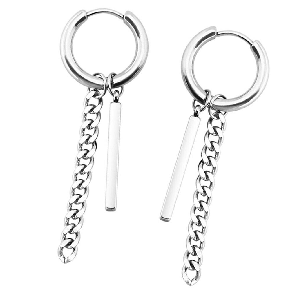 Prettyia Stainless Steel Hip Hop Bar Long Chain Dangle Earrings Tassel Studs