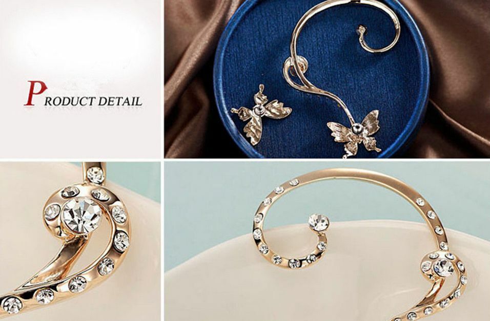 Fashion Women Butterfly Ear Cuff Clip Stud Crystal Rhinestone Earrings 1 pair hs