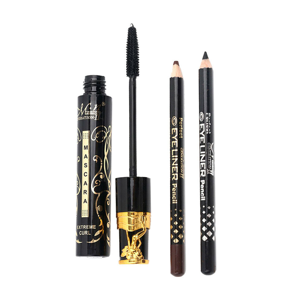 Black Super Long Fiber Curling Mascara Eyelash Extention + Eyeliner Pencils