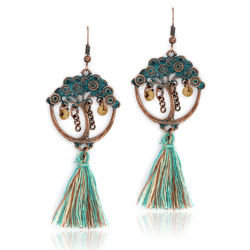 Bohemian  Tree of Life Long Tassel Earrings Fringe Drop Dangle Earrings  .l8