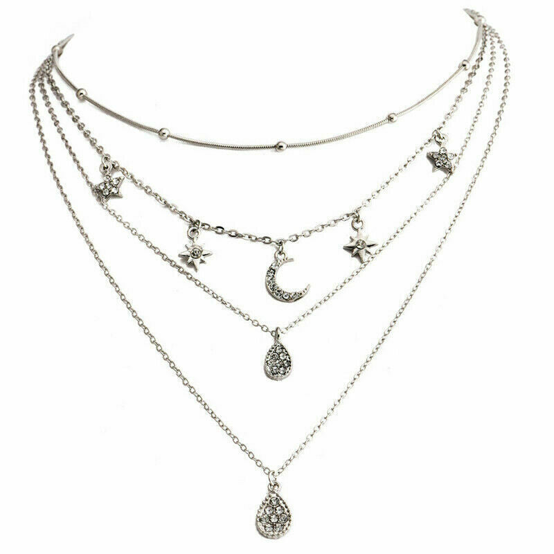 Women Multilayer Choker Pendant Necklace Crystal Star Moon Chain Jewelry Gift