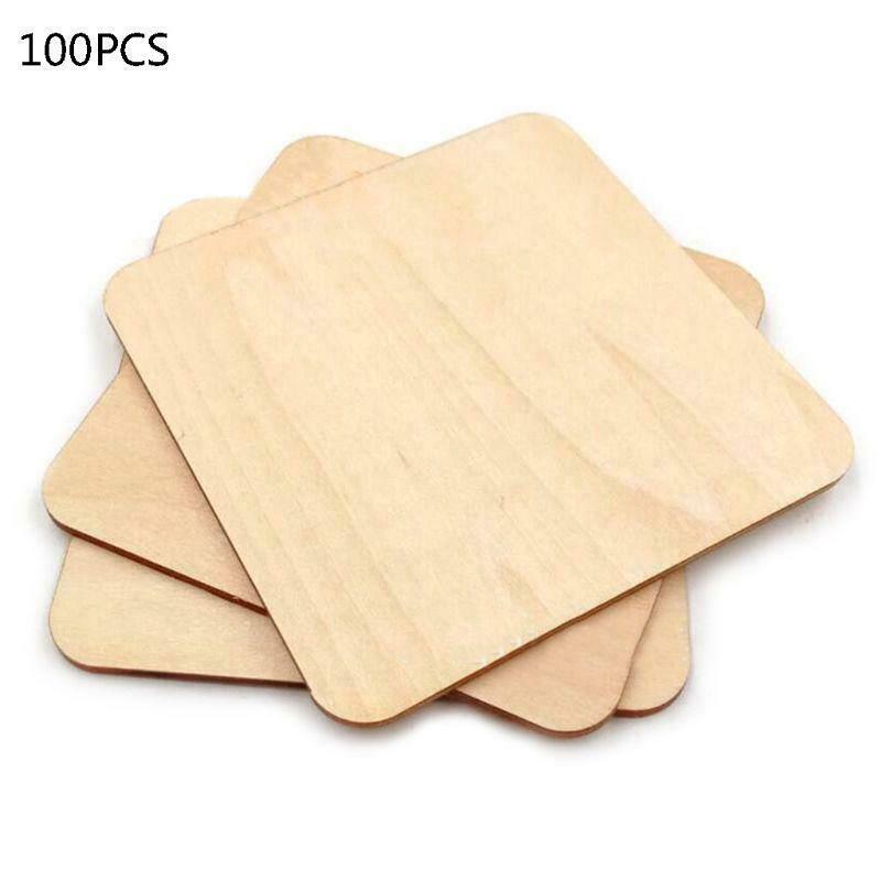 100x Wooden Blank Plaque Square Wood Pieces Tags DIY Craft Pyrography Projects