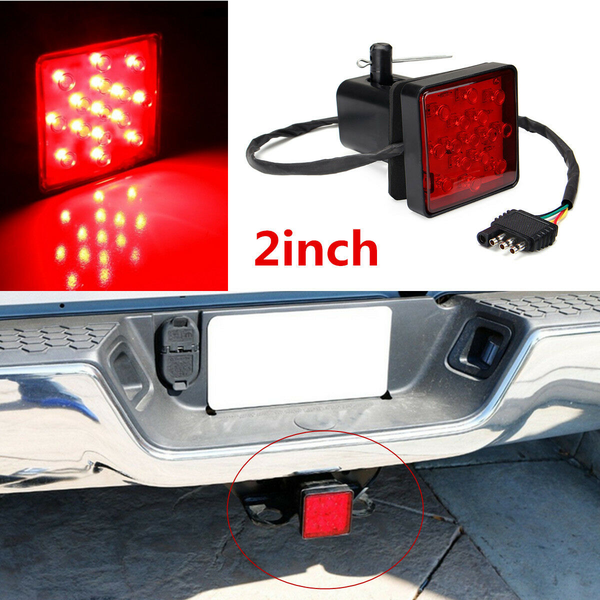 1x Red Lens 2'' Trailer Truck Hitch Towing Receiver Cover 15LED Tail Brake Light