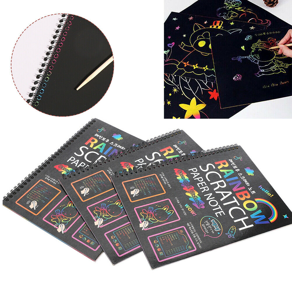 3Pcs Scratch Notes Books Set Scratch Doodle Art Rainbow Paper Card Wooden Pen