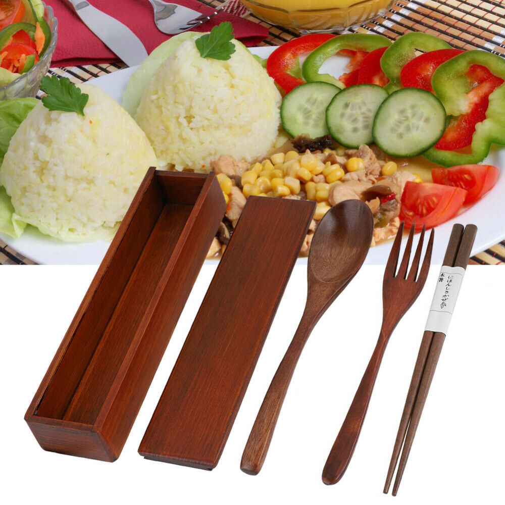 3-pieces/set  Natural Wooden Tableware Sets 1 Spoon 1 Chopsticks 1 Fork