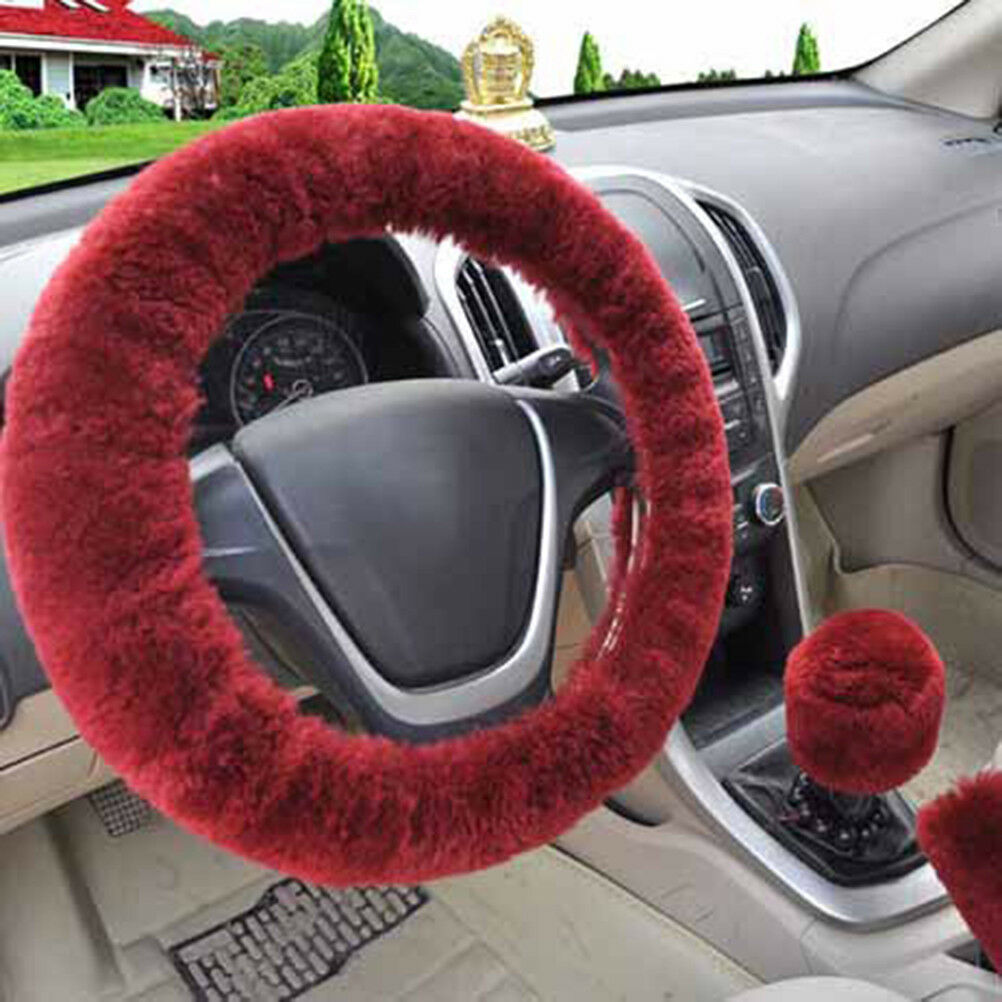 3Pcs/set Winter wine red warm plush car steering wheel cover handbrake cov Hw Qx
