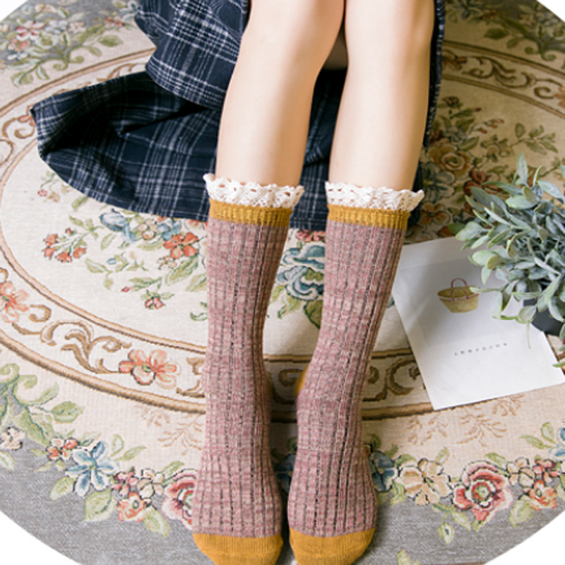 3 Pairs Women's Socks Cotton Blend Lace Ruffle Two Tones Knit Socks Thick Winter