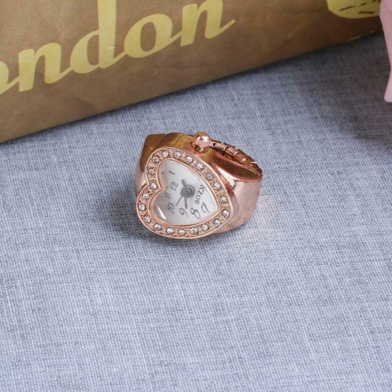 Copper Tone Heart Shape Housing Elastic Band Finger Ring Watch For Women
