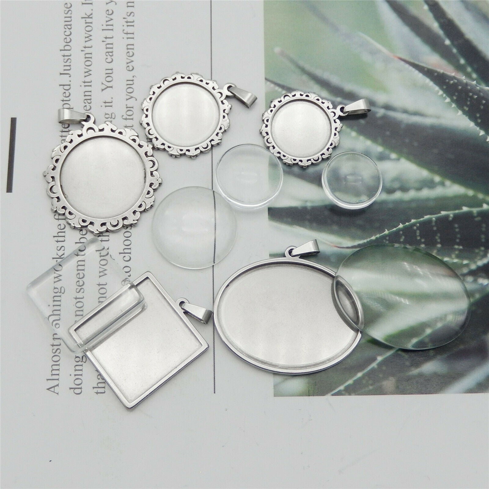 5 Mix Stainless Steel Bezel Frames with Glass Cabochons Photo Art Pendant DIY