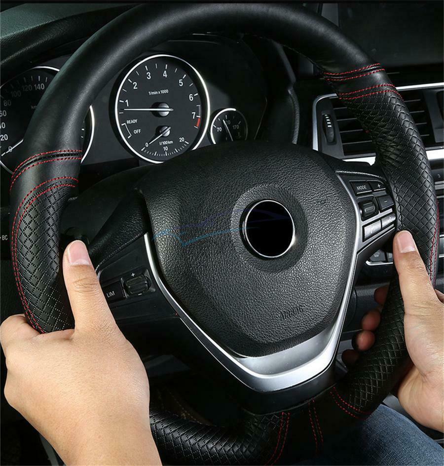 1Set Real Leather Black 38cm Skidproof Car Truck Steering Wheel Protection Cover