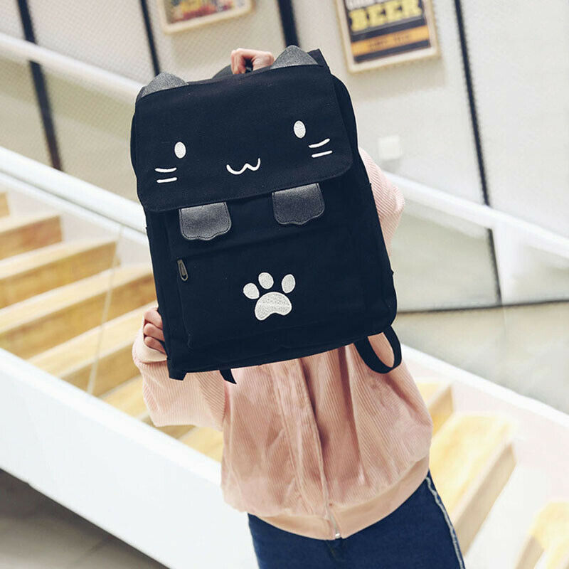 1X(fashion Cute Cat Embroidery Canvas Student bag Cartoons Women Backpack Le4L5)