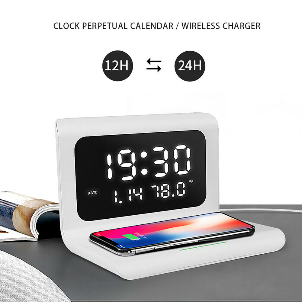 Multifunctional Alarm Clock Wireless Charger LED Display Digital Clock White