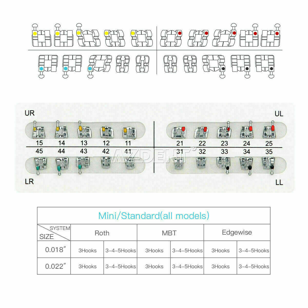 50 X Dental Orthodontics Brackets Braces Mini MBT Slot.018 Hooks 3-4-5 AZDENT