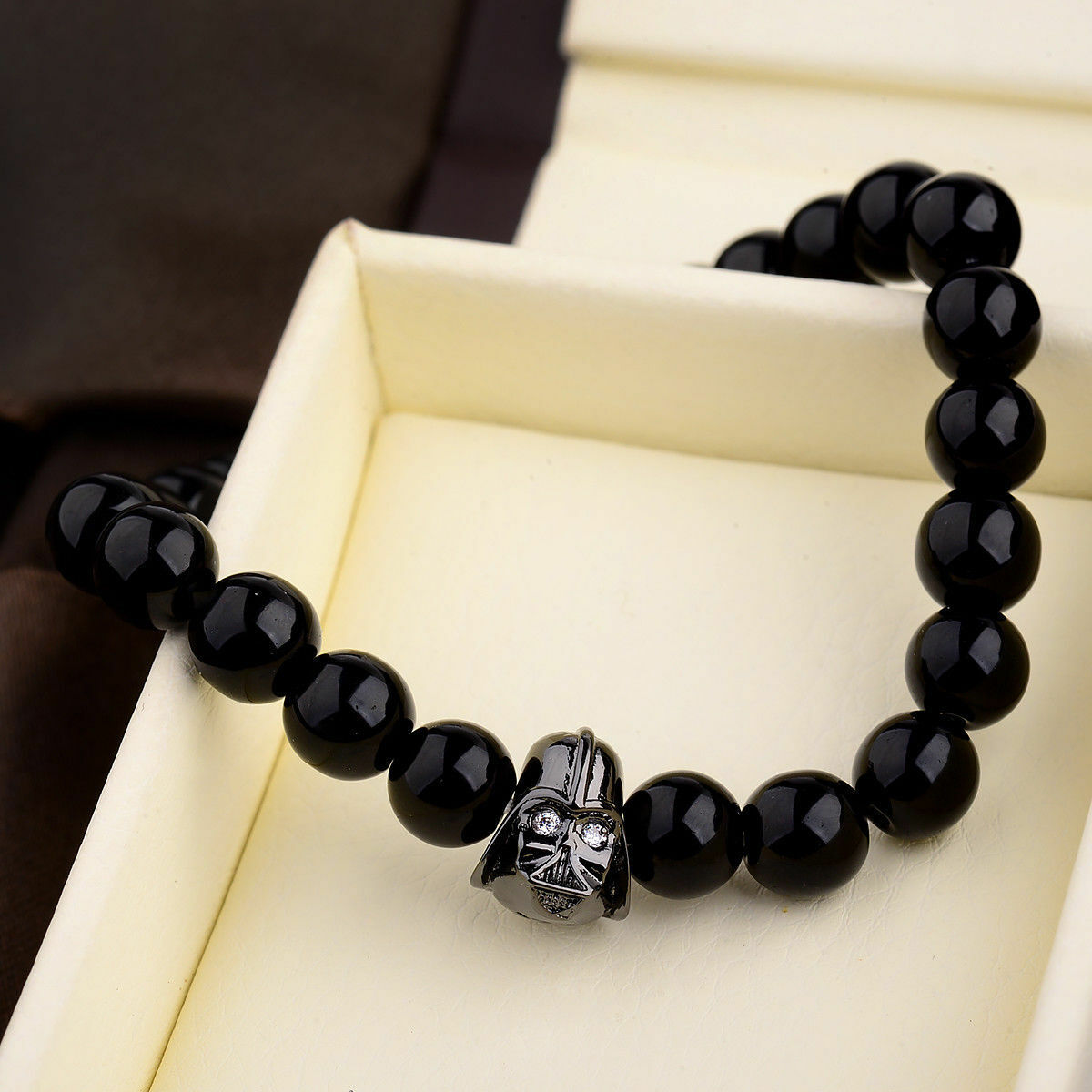Fashion Men's Star Wars Darth Vader Bracelet 8mm Black Agate Stone Bracelets