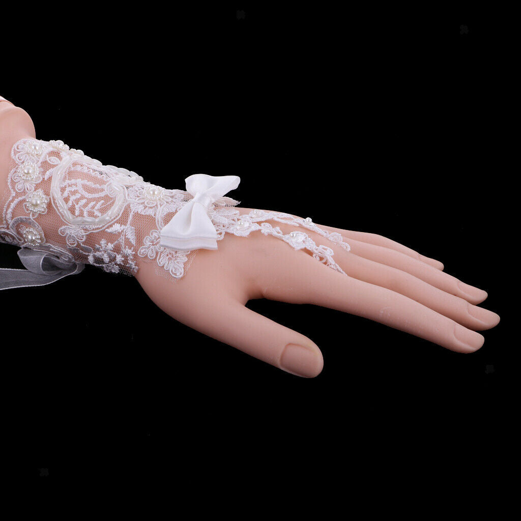 Pair Short Wedding Gloves Flower Lace Faux Beads Delicate Accessory Bridal Gown