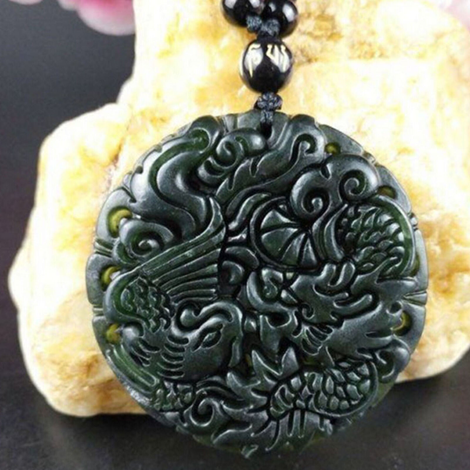 Natural Black Green Jade Taiji Yin Yang Dragon Phoenix Amulet Pendant Gifts