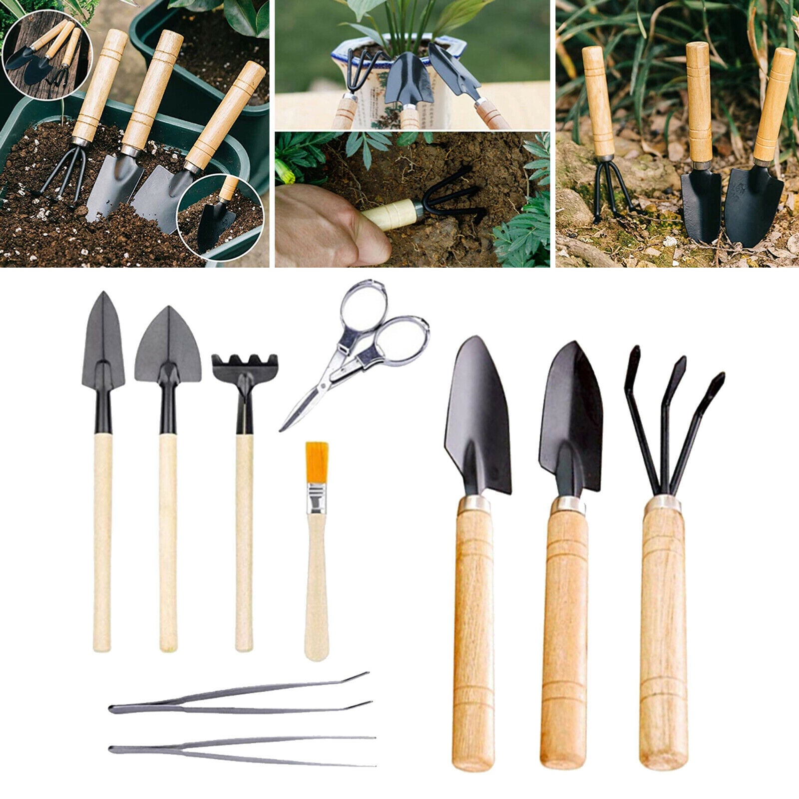 10x Garden Potted Shovel Rake Spade Tweezers Scissors and Brush Home Tool