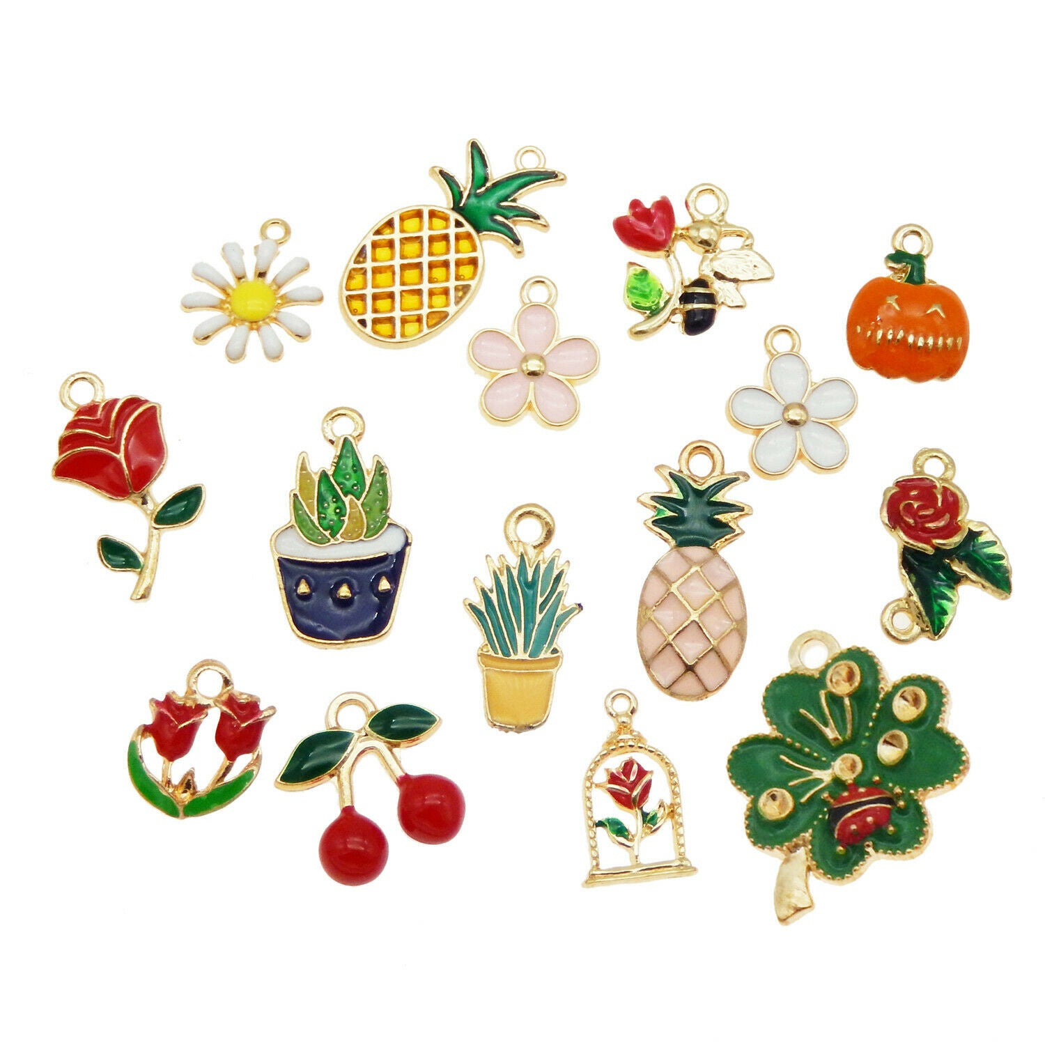 10 Mix Enamel Flowers Fruits Plants Charms Alloy Pendant Keychain Jewelry Crafts