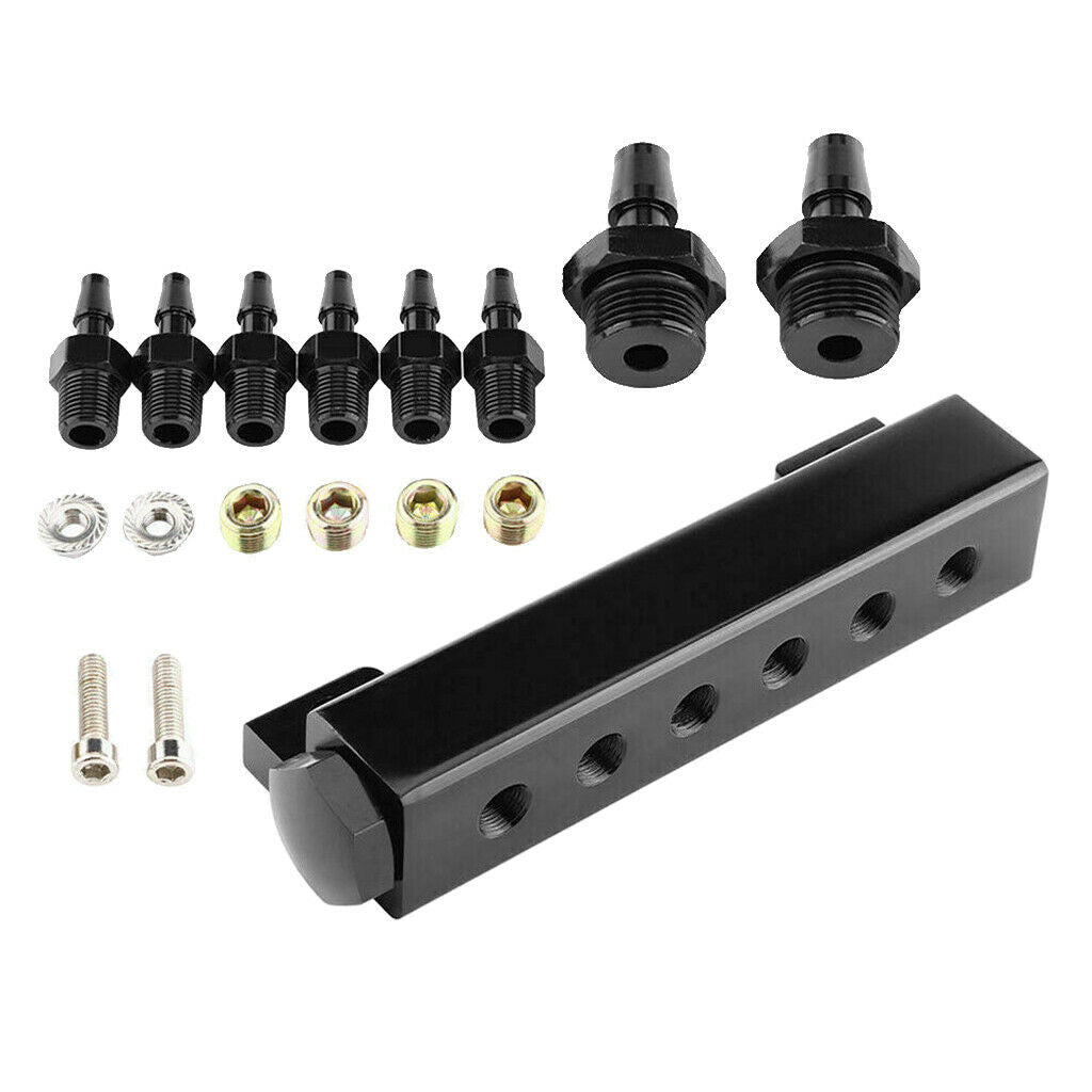 6 Port VACUUM Block Intake Manifold Fuel Gas Wastegate Turbo Boost Black