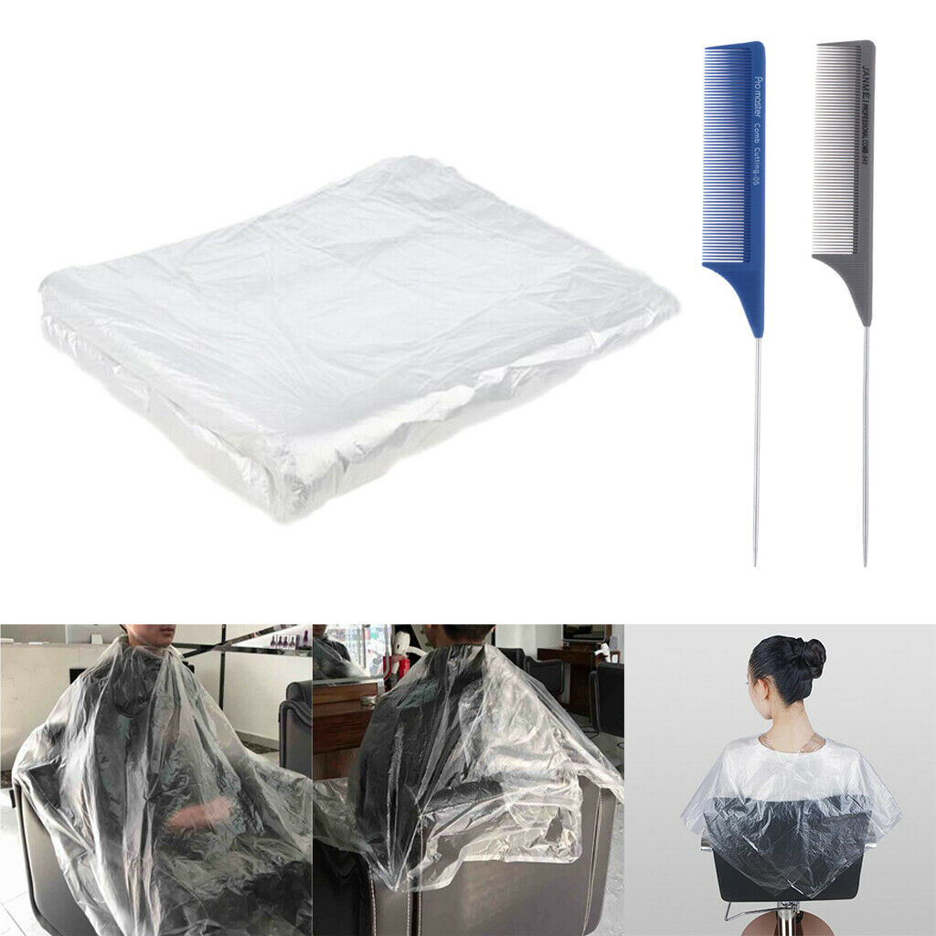 50pcs Plastic Cutting Styling Capes Cloth w/ 2pcs Pintail Combs for Salon
