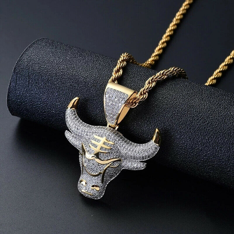 Hip Hop Fashion Full Rhinestone Bull Head Pendant Necklace Stainless Stee.l8
