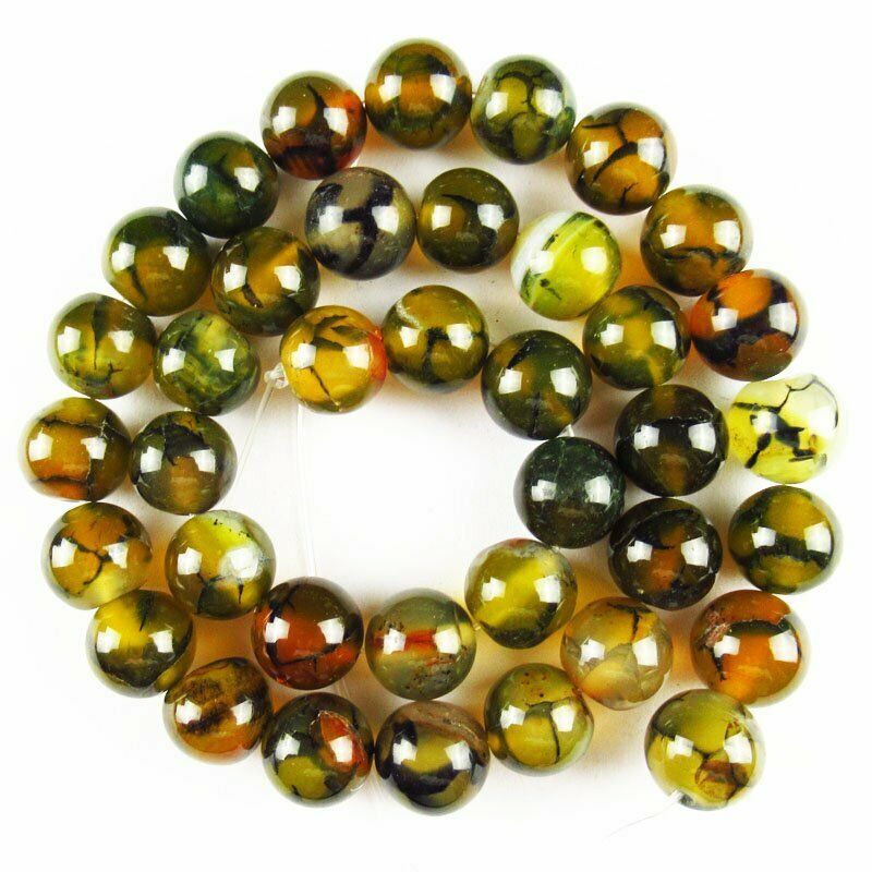 10mm Yellow Black Fire/Dragon Veins Agate Ball Loose Bead 15.5 inch A-556TZ