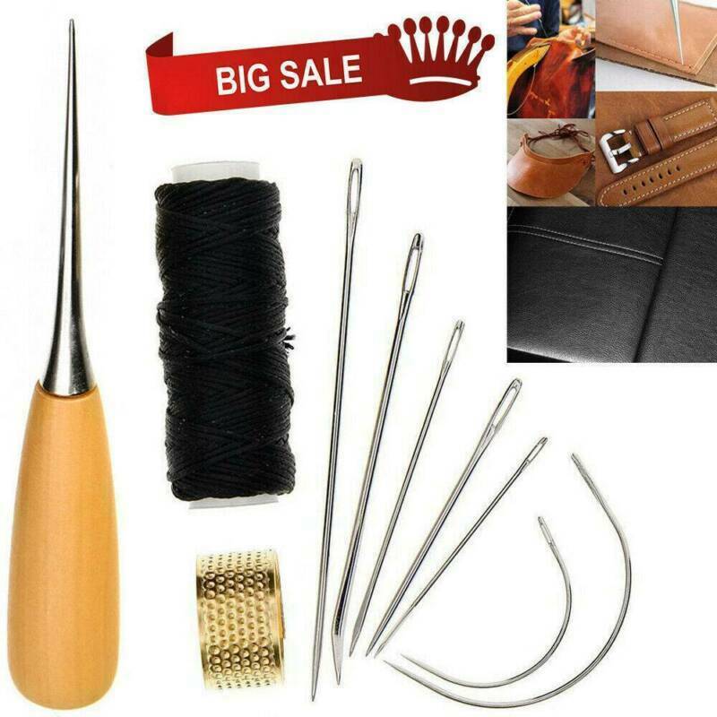 10pc Sewing Needles Stitching Leather Waxed Thread Cord Sew Drilling Awl Thimble