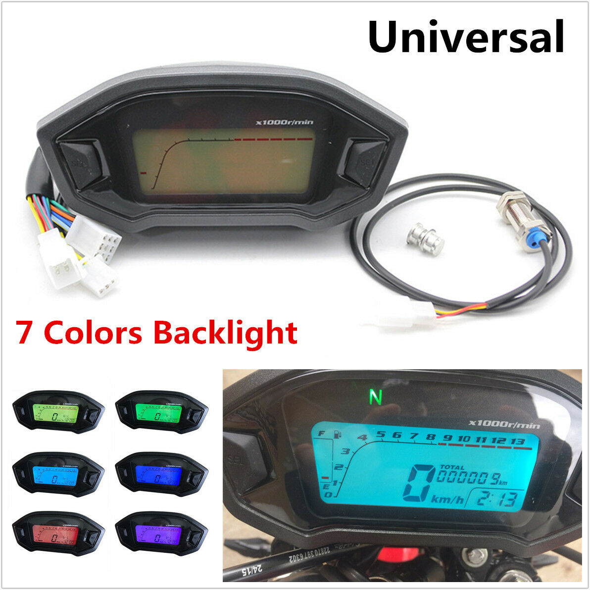 7 Colors Digital LCD Backlight Motorcycle Speedometer Odometer Tachometer Gauge