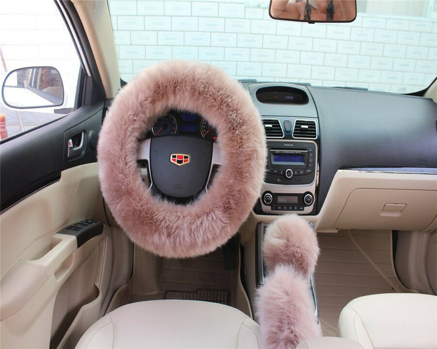 Winter Furry Car Steering Wheel/Gear+Knob/Parking Brake Cover Bean Paste Color