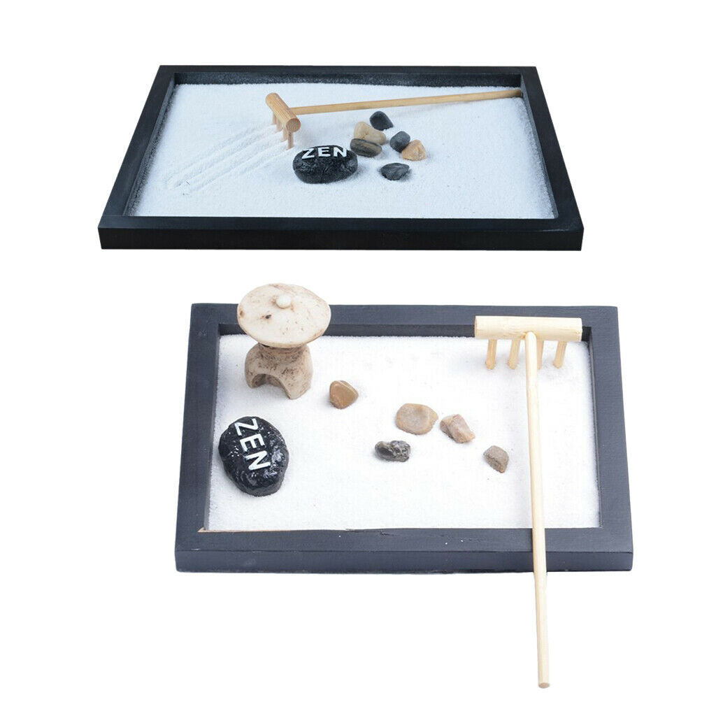 2pcs Zen Garden Sand Tray Mini Tower Stone Pebbles Rake Home Room Ornament