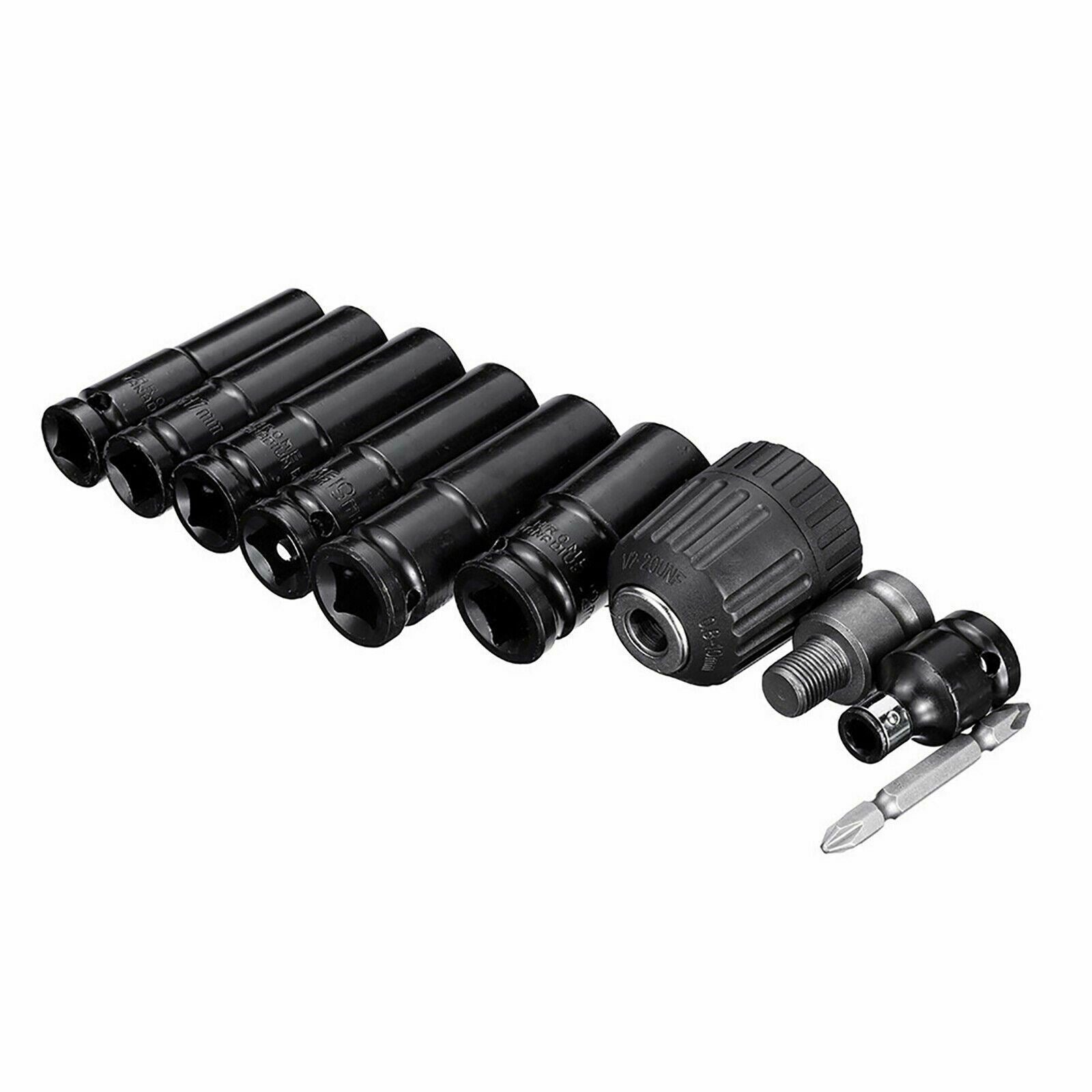 10pcs Air Impact Wrench Socket Set 1/2'' Square Drive Metric Drill Chuck Adapter