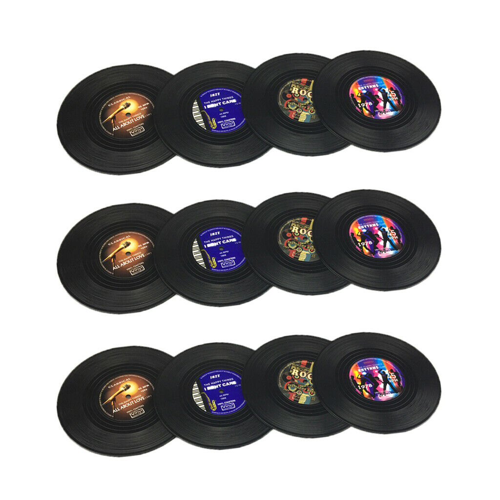 12 Pieces Drink Cup Mat Insulated Silicone Coaster Black Vinyl Record 10cm