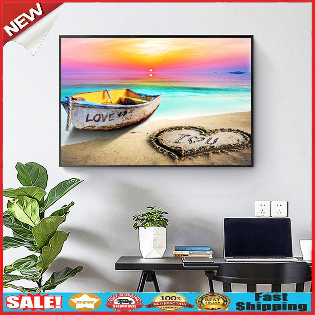 5D DIY Full Square Diamond Painting Beach Boat Rhinestone Wall Handwork Kit @