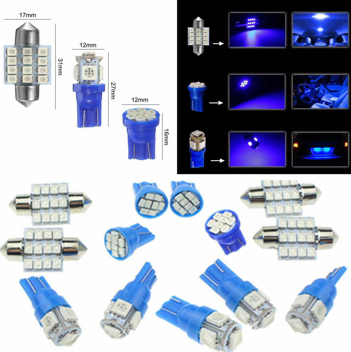 13x T10&31mm Blue LED Bulbs Car Interior Map Dome License Plate Light Lamp Kit