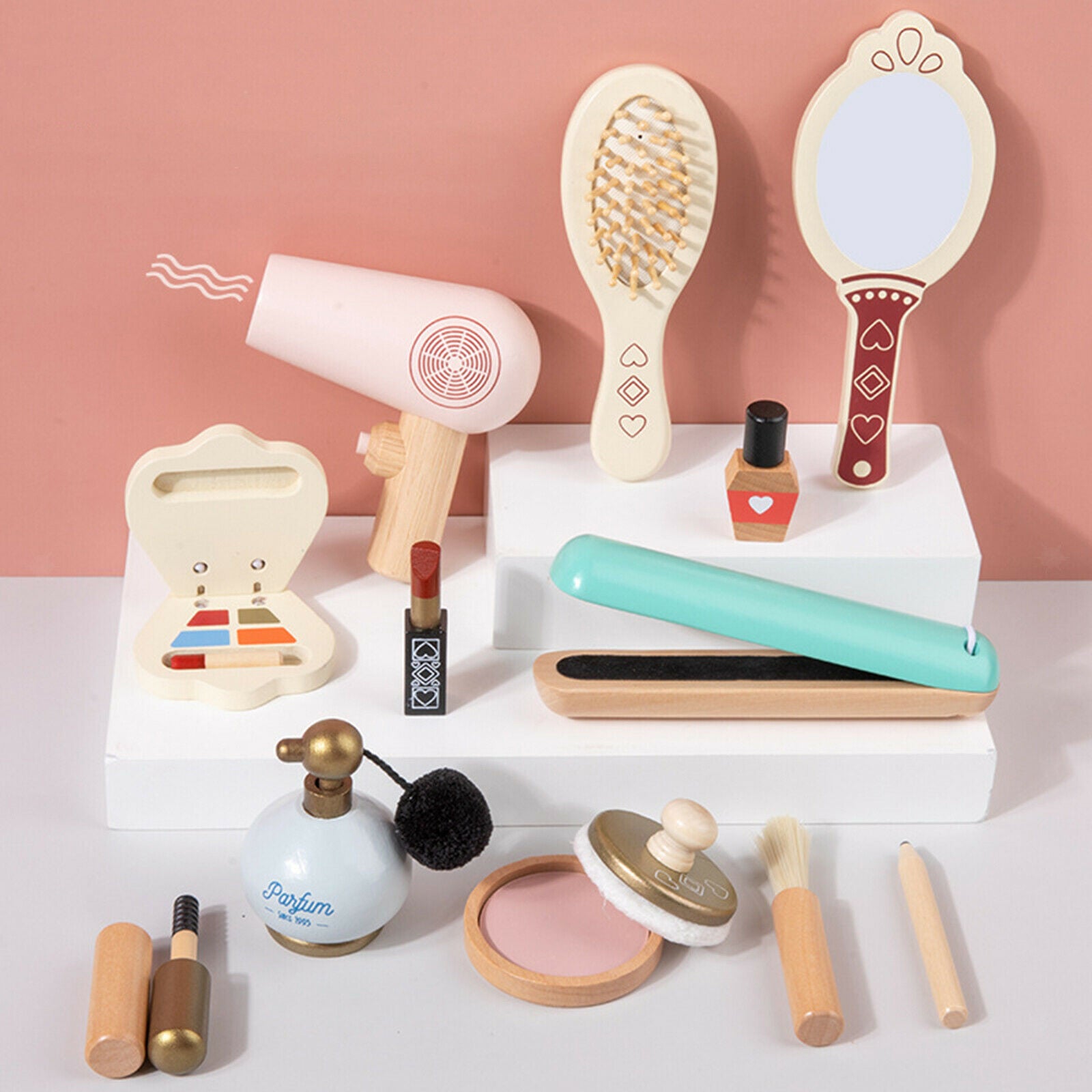 12pcs Wooden Kids Makeup Kit Role Play Curling Iron Brush Perfume Gifts