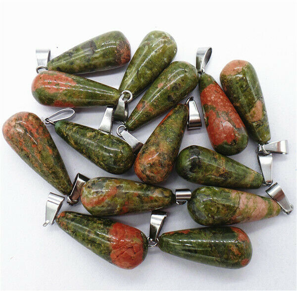 100Pcs 25x10mm Natural Green Unakite Jasper Teardrop Pendant Bead HH8296