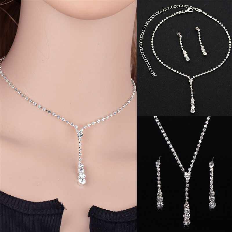 1Set Wedding Bridal Rhinestone Crystal Necklace Drop Earrings New Jewelry H Rf