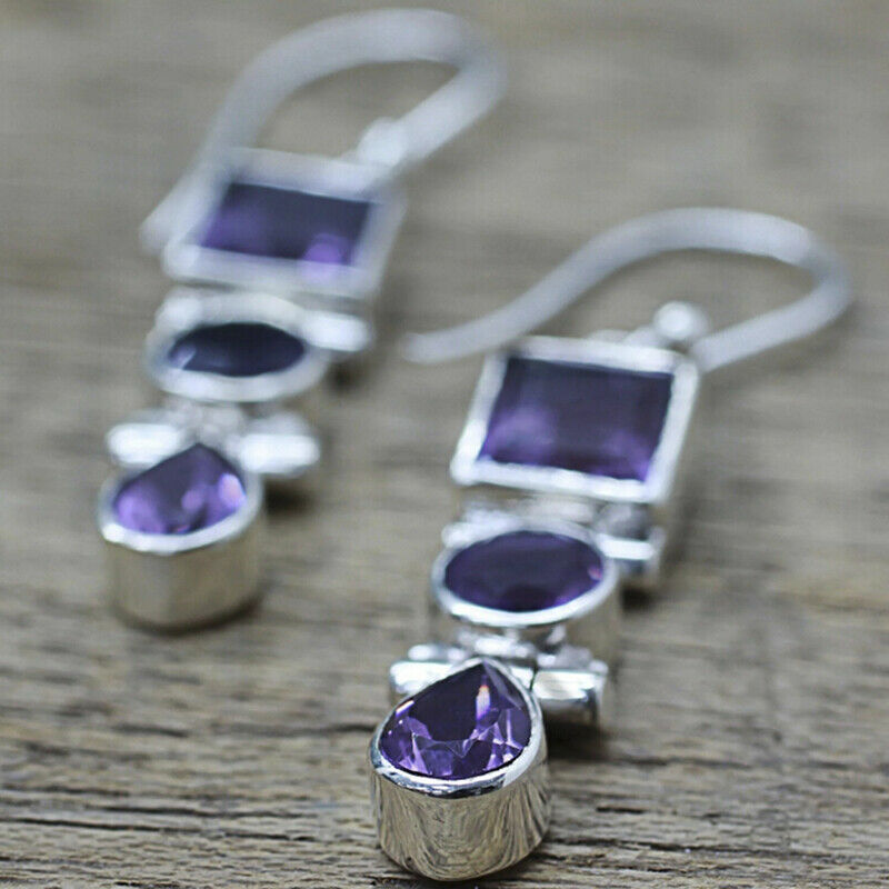 Boho Purple Ear Stud Sliver Plated Crystal Dangle Hook Drop Earrings Jewe.l8