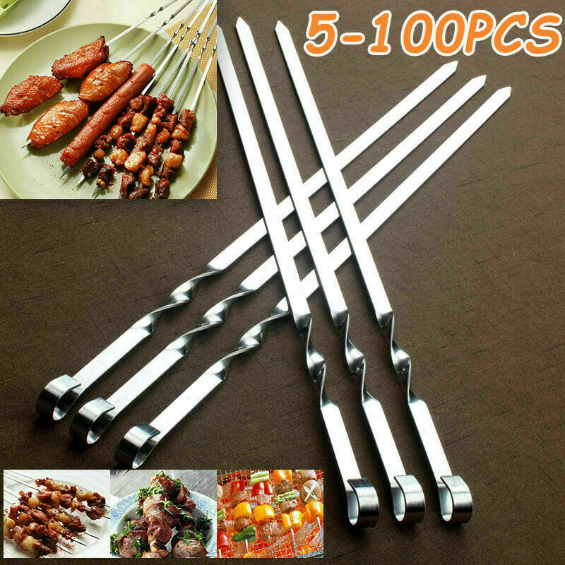 12x Kabob Skewer Flat Metal BBQ Barbecue Skewer Stainless Steel Shish Skewers