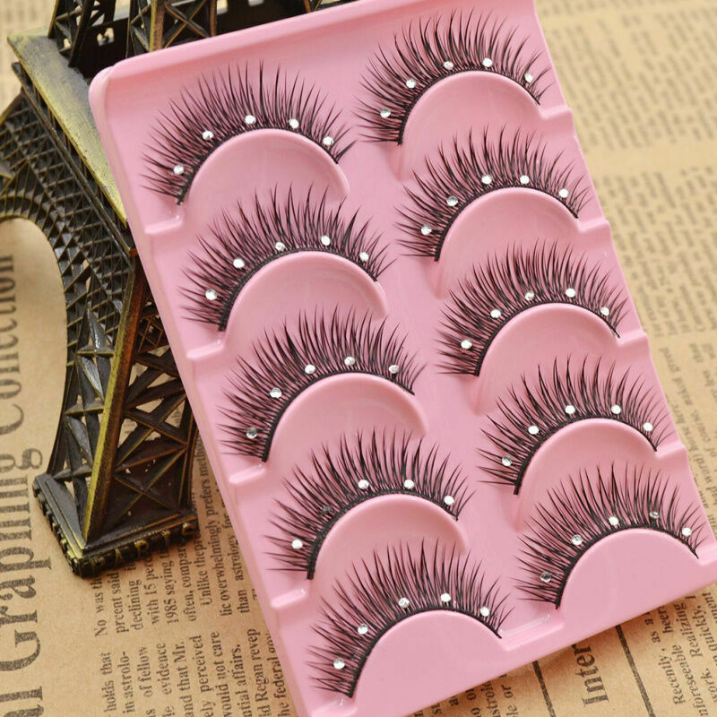 False Eyelashes Makeup Black Handmade Rhinestone Natural Extension Beauty 5 Pair