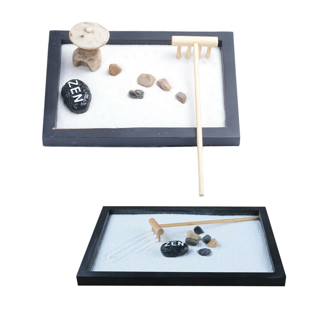 2pcs Zen Garden Sand Tray Mini Tower Stone Pebbles Rake Home Room Ornament