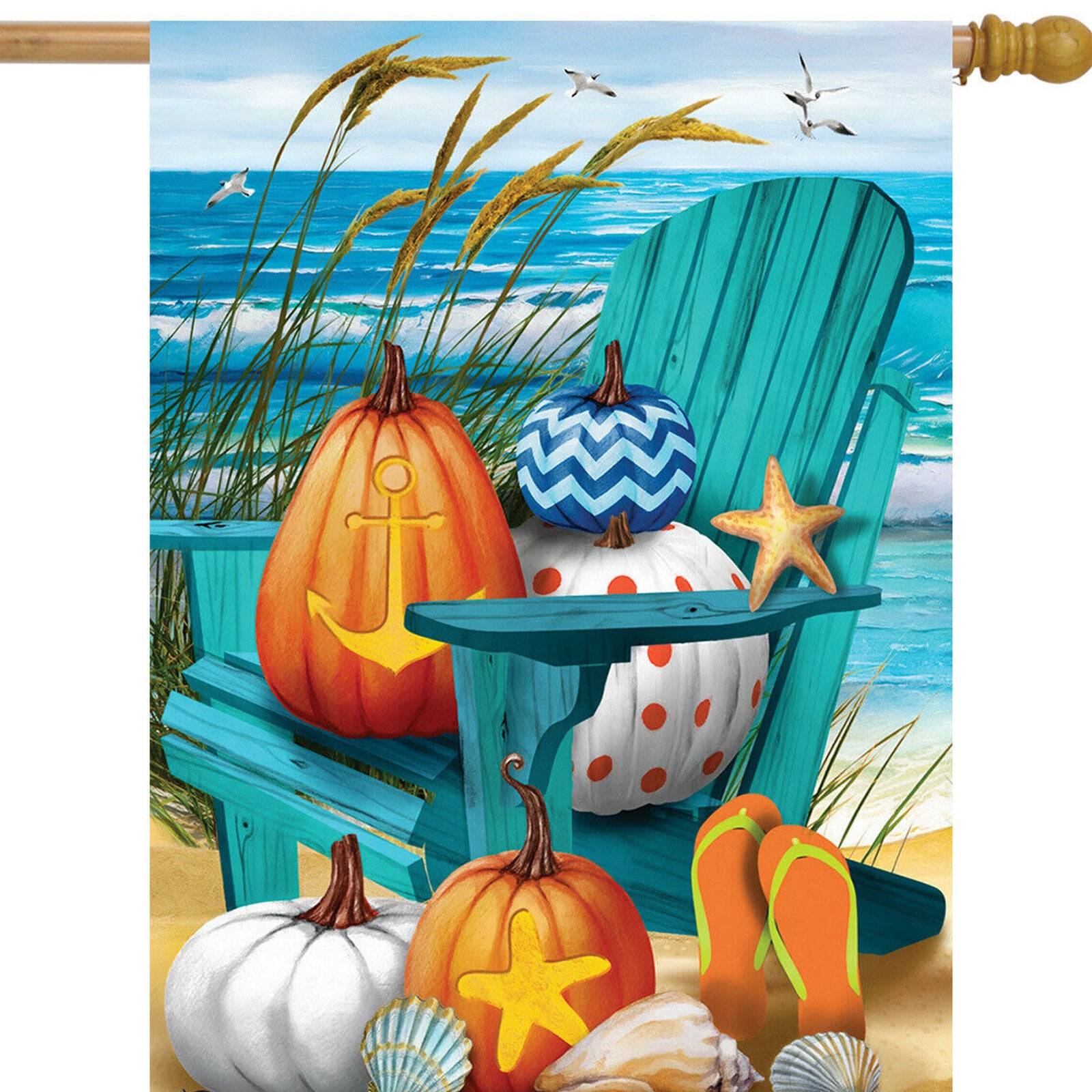 Fall At The Beach House Flag 28" x 40" Autumn Nautical Pumpkins Briarwood Lane