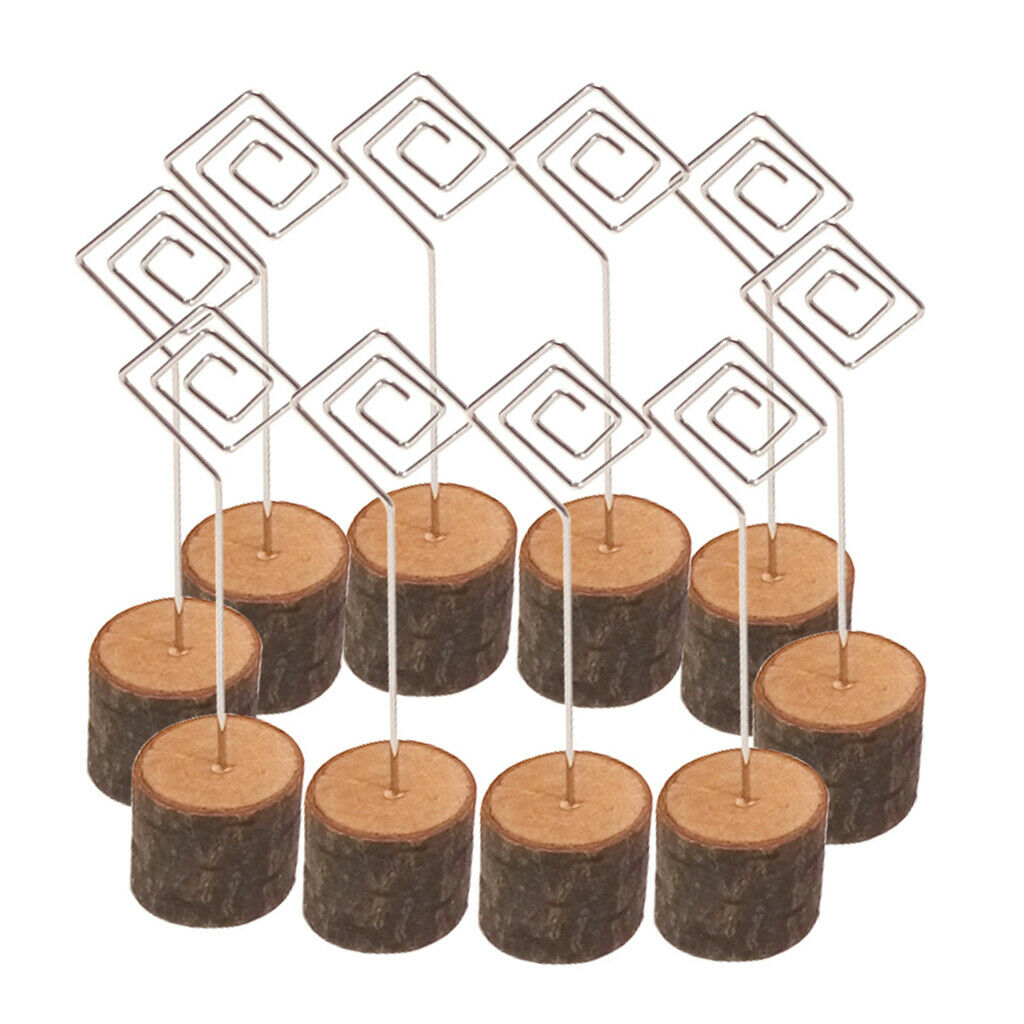 10x Card Holders Table Number Stands Swirl Wire Wooden Base Clip Wedding