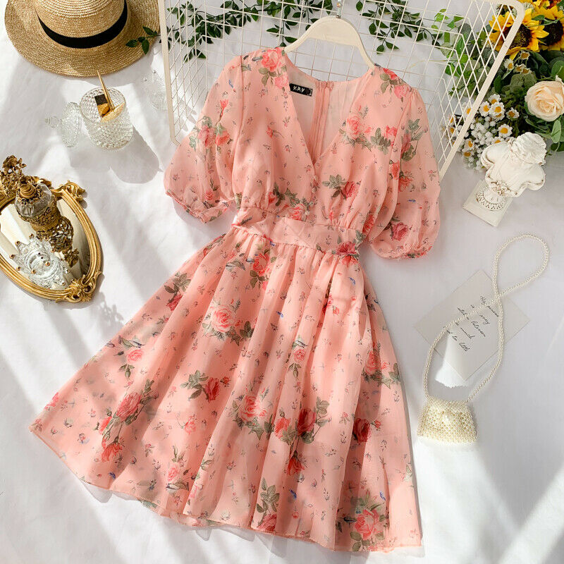 Lady Chiffon Mini Dress Floral Short Sleeve Lolita V-neck Sexy Fairy Summer New
