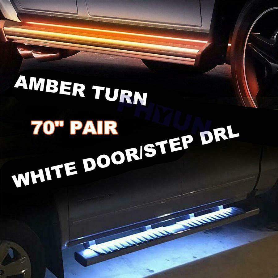 1 Pair 70" Flexible IP68 Car Side Kick Running Board LED Light Strip White Amber