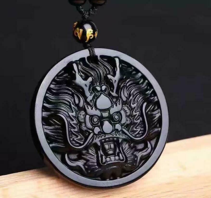 Natural Black Obsidian Hand Carved Lucky Dragon Head Pendants + Beads Necklace