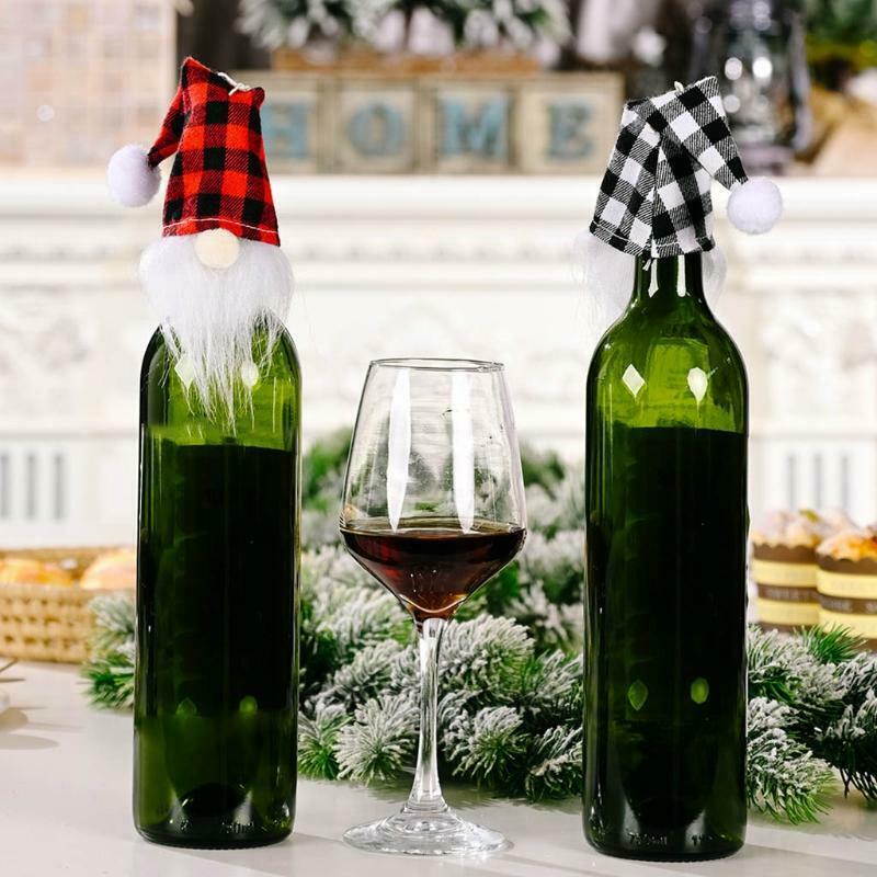 4 Pcs Plaid Hat Gnome Head Christmas Wine Bottle Cover Xmas Decor Wine Bottle