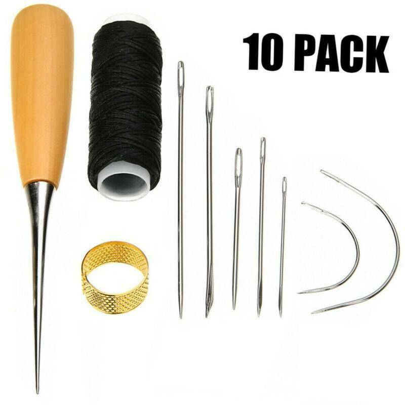 10pc Sewing Needles Stitching Leather Waxed Thread Cord Sew Drilling Awl Thimble