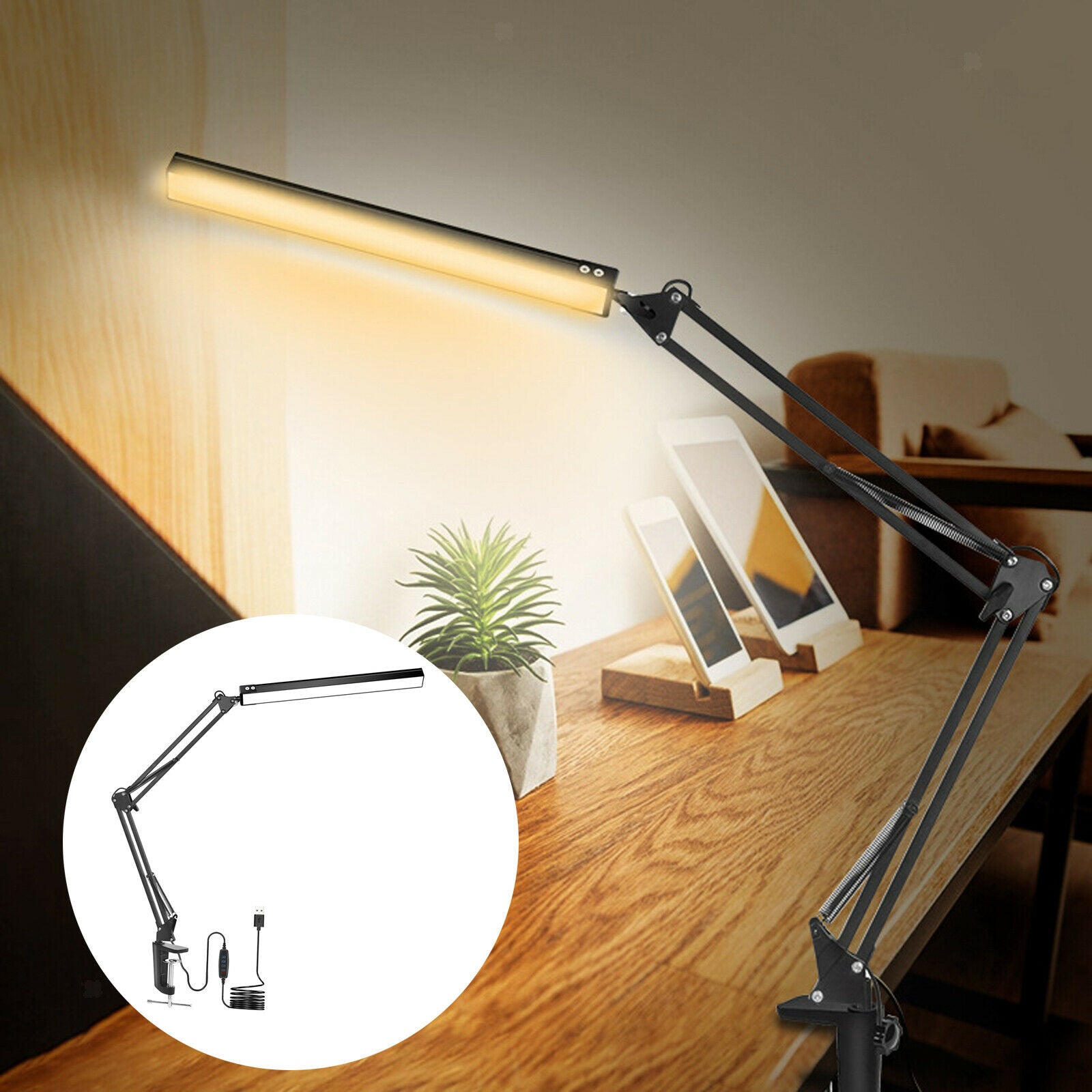 Swing Arm LED Desk Lamp with Clamp, Dimming Adjustable Architect Work Light