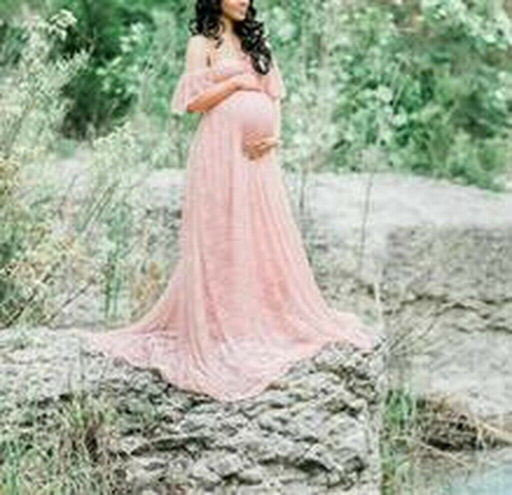 Women Pregnant Off Shoulder Lace Long Maxi Dress Gown Maternity Photography Prop